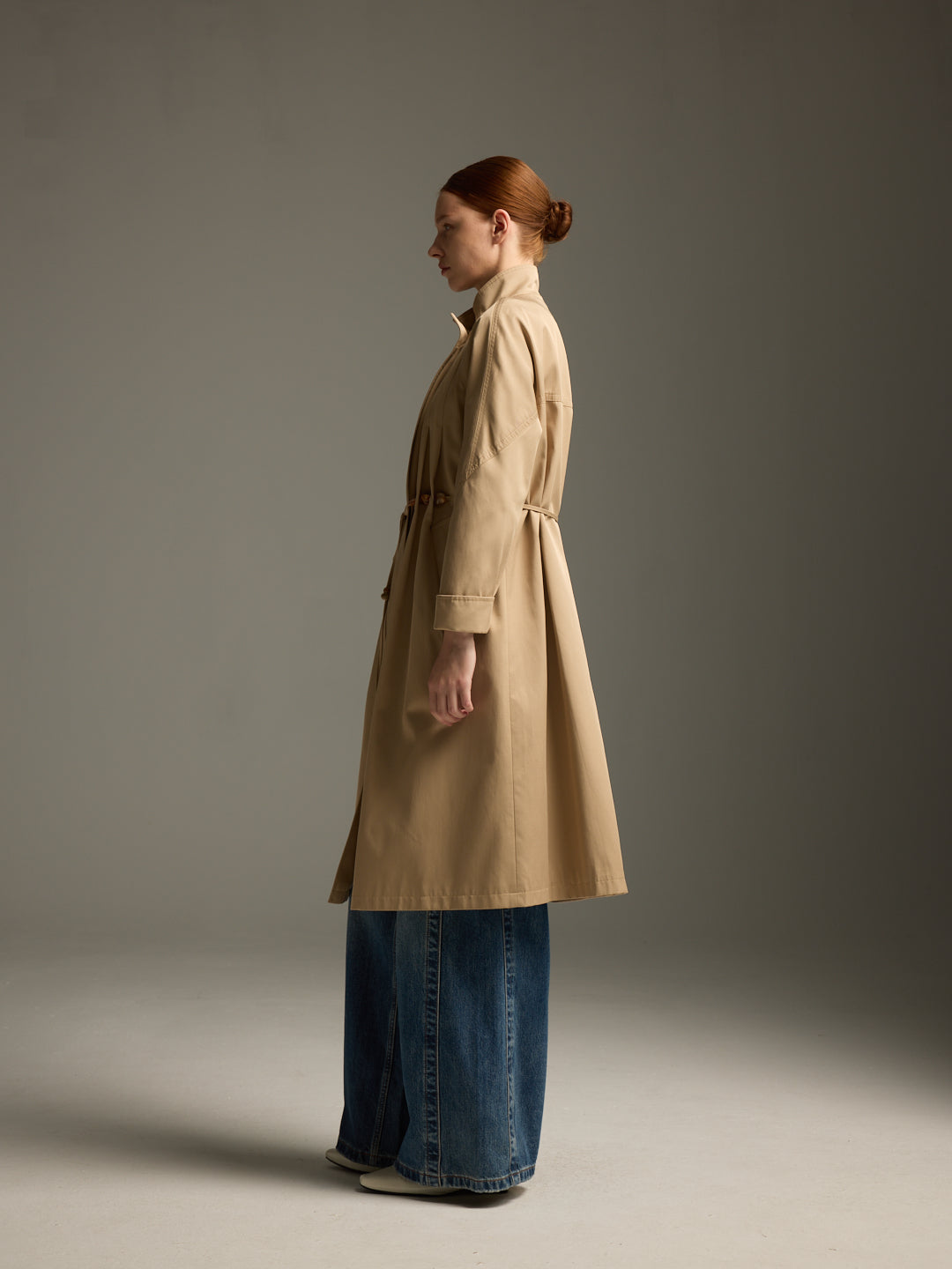 Beige Wool-Blend Trench Coat with Drawstring Waist