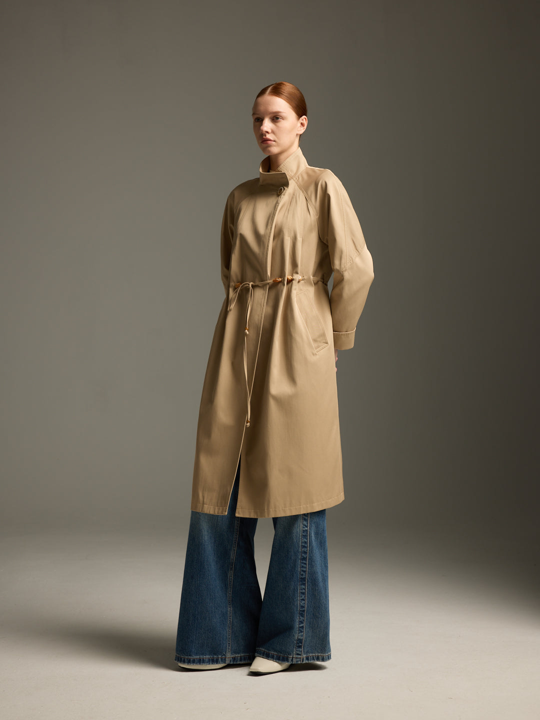 Beige Wool-Blend Trench Coat with Drawstring Waist