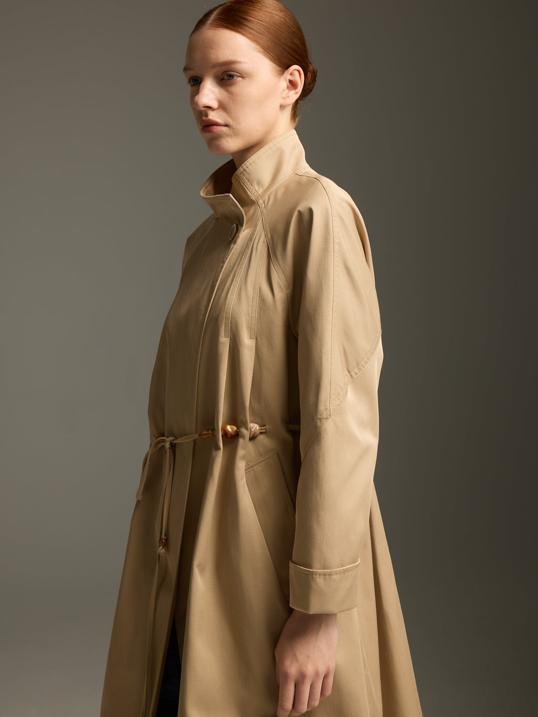 Beige Wool-Blend Trench Coat with Drawstring Waist