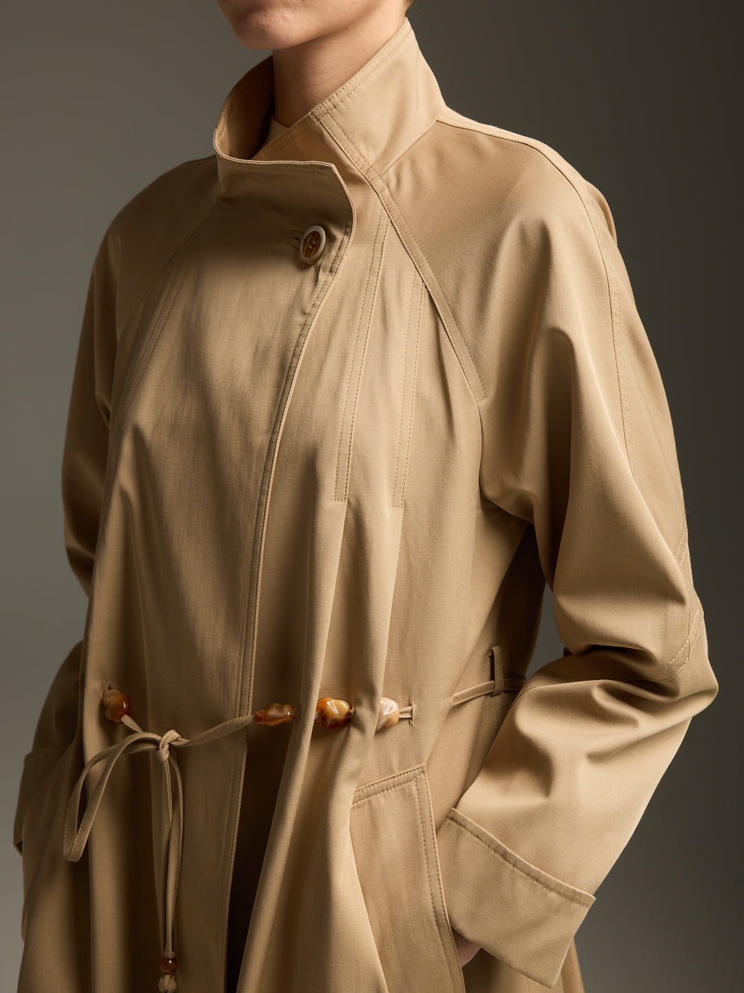 Beige Wool-Blend Trench Coat with Drawstring Waist