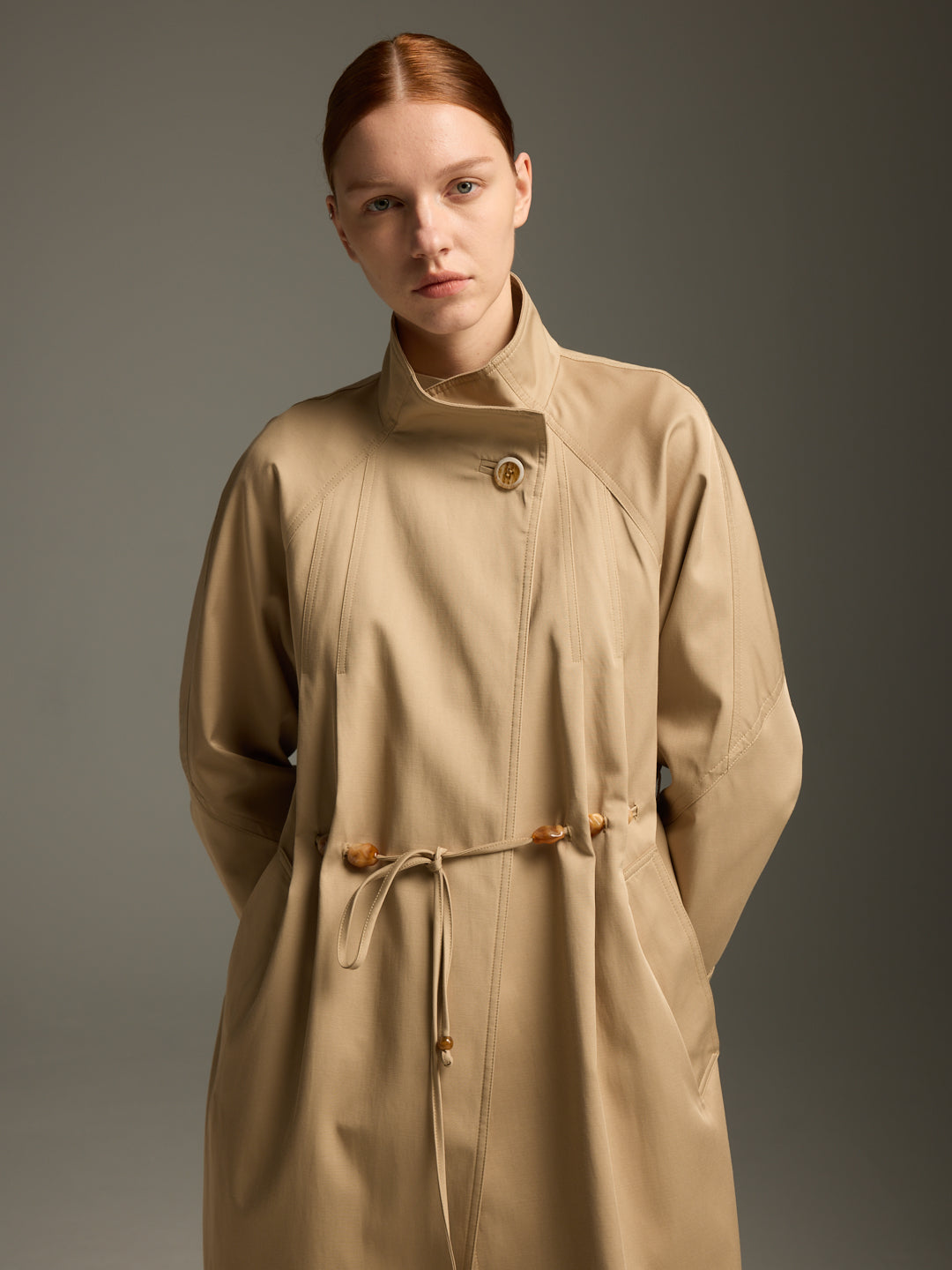 Beige Wool-Blend Trench Coat with Drawstring Waist