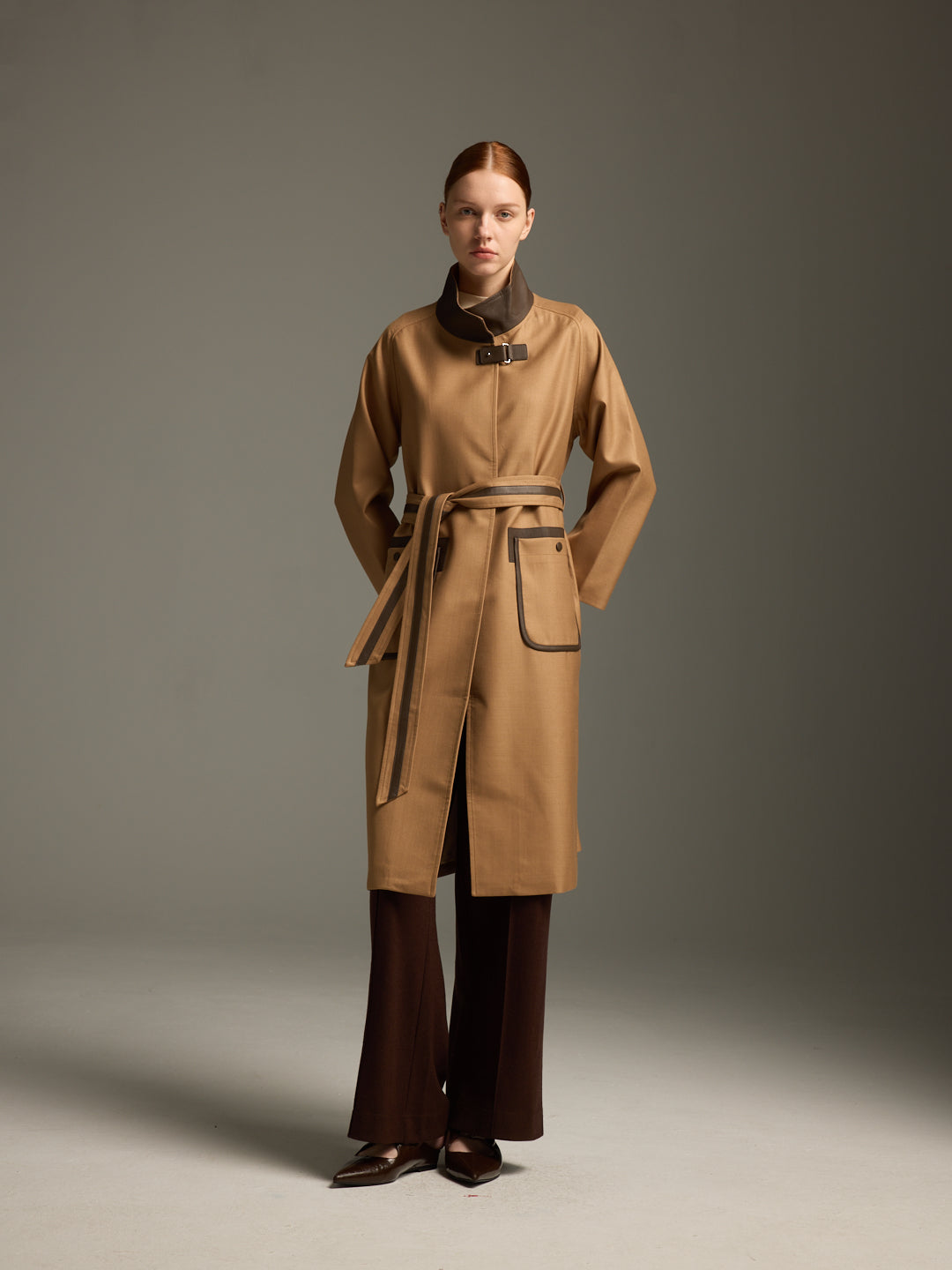 lambskin waterproof Long trench with stand collar