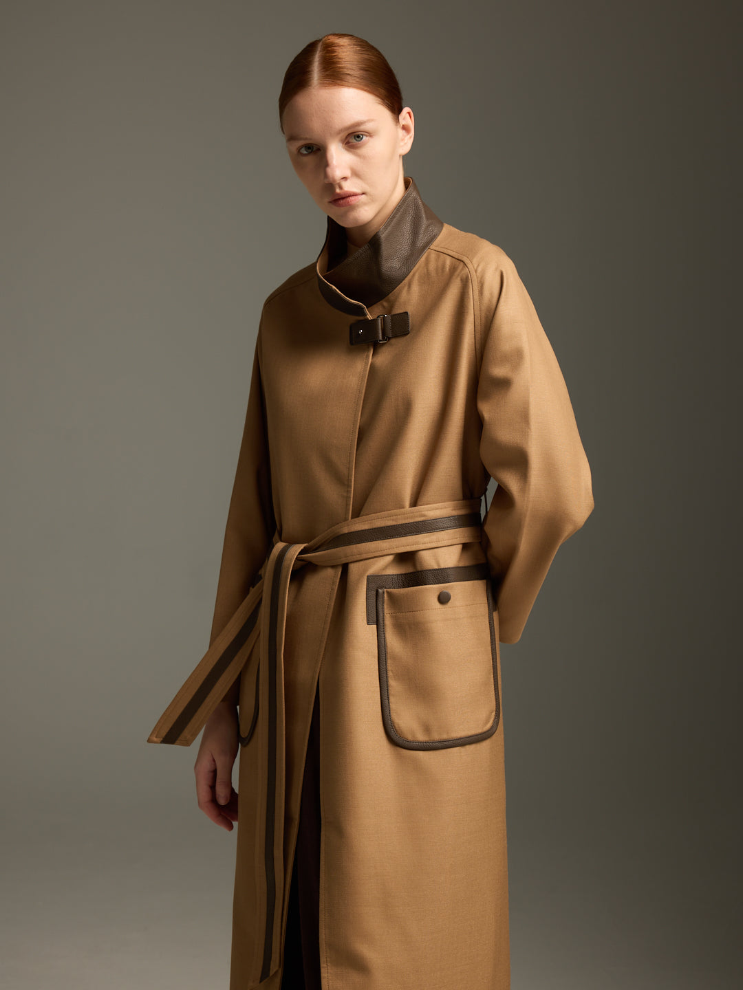 lambskin waterproof Long trench with stand collar