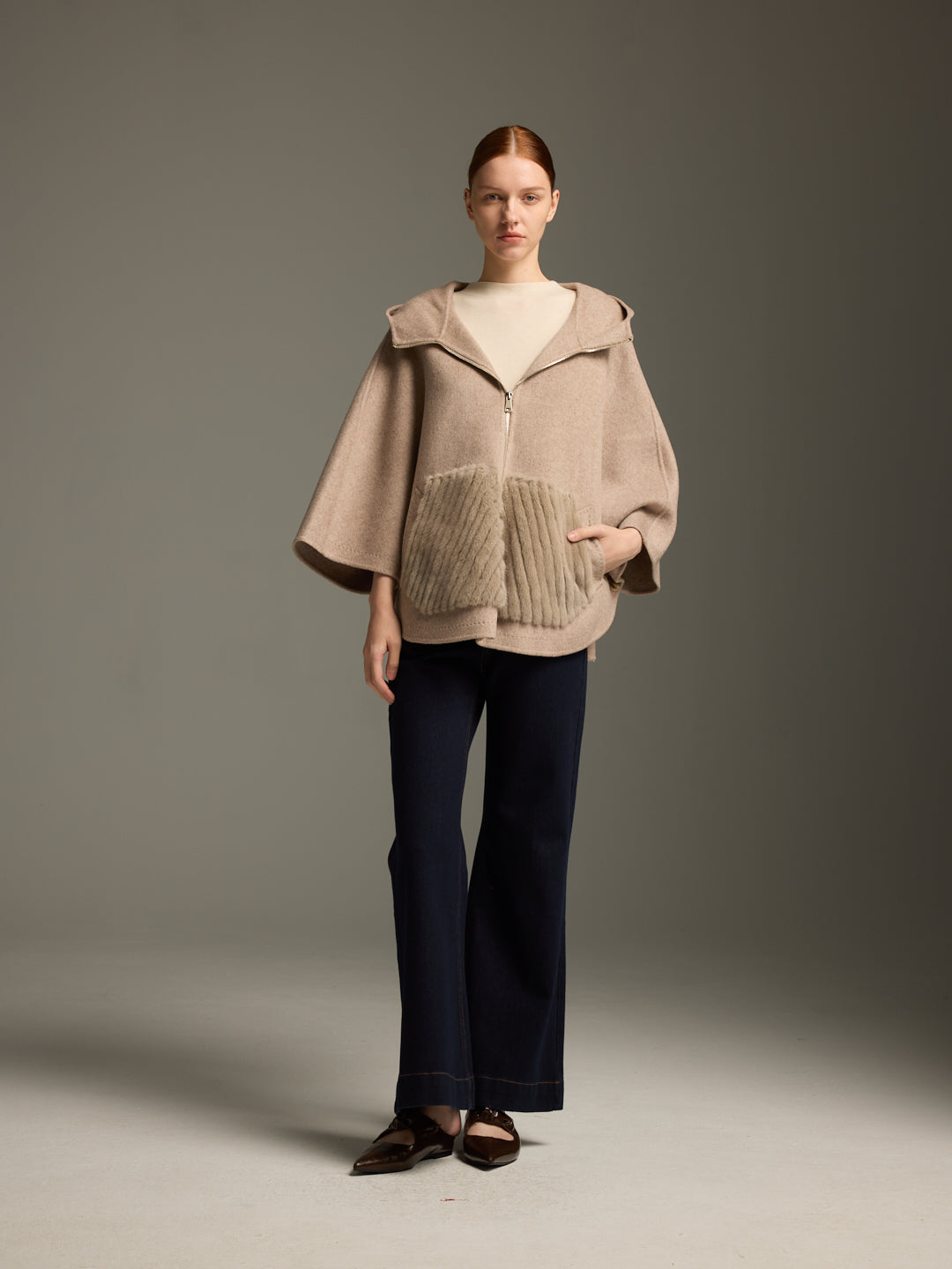 Beige Cashmere-Wool Cape with Fur-Trim Pockets