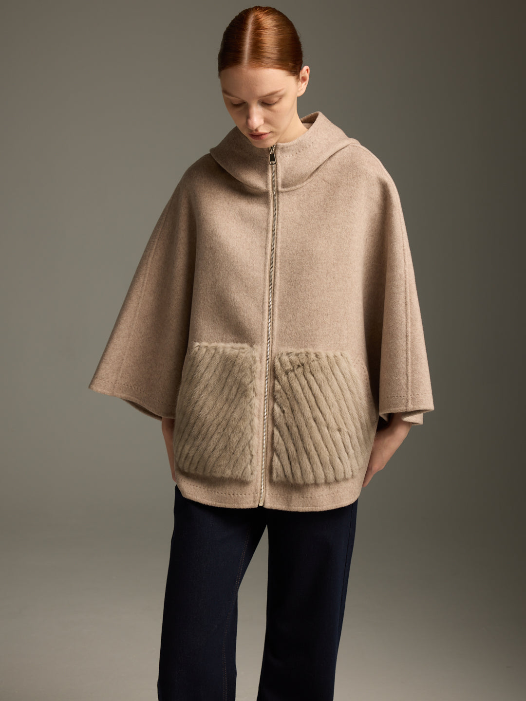 Beige Cashmere-Wool Cape with Fur-Trim Pockets
