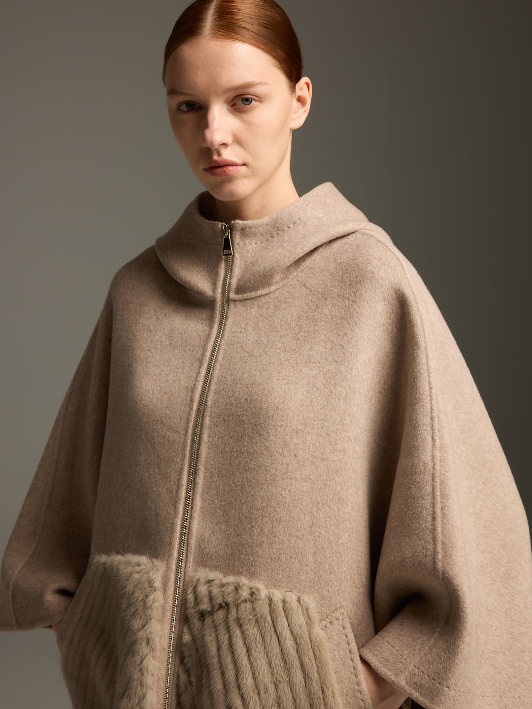 Beige Cashmere-Wool Cape with Fur-Trim Pockets