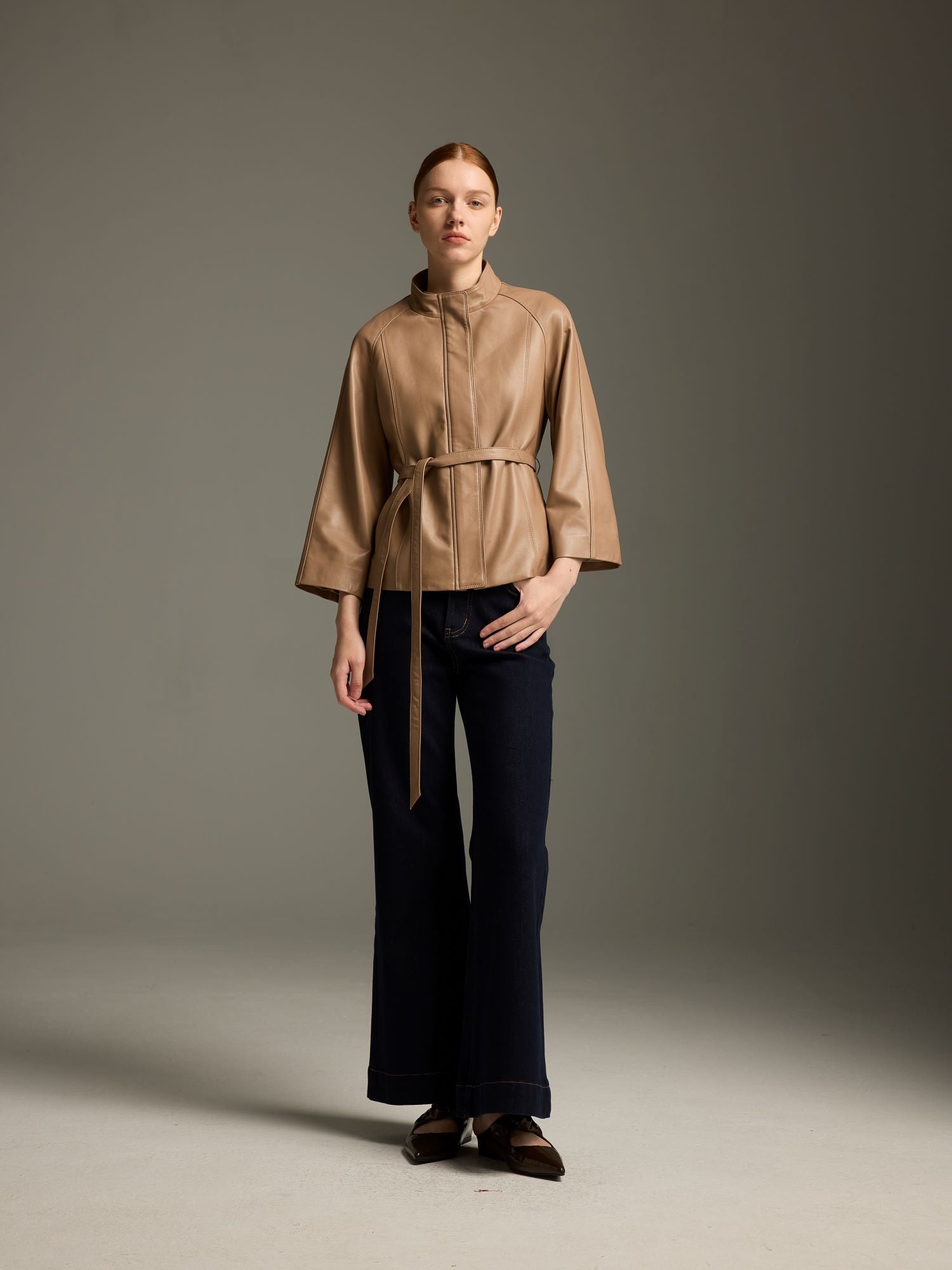 Sand Beige Lambskin Belted Jacket