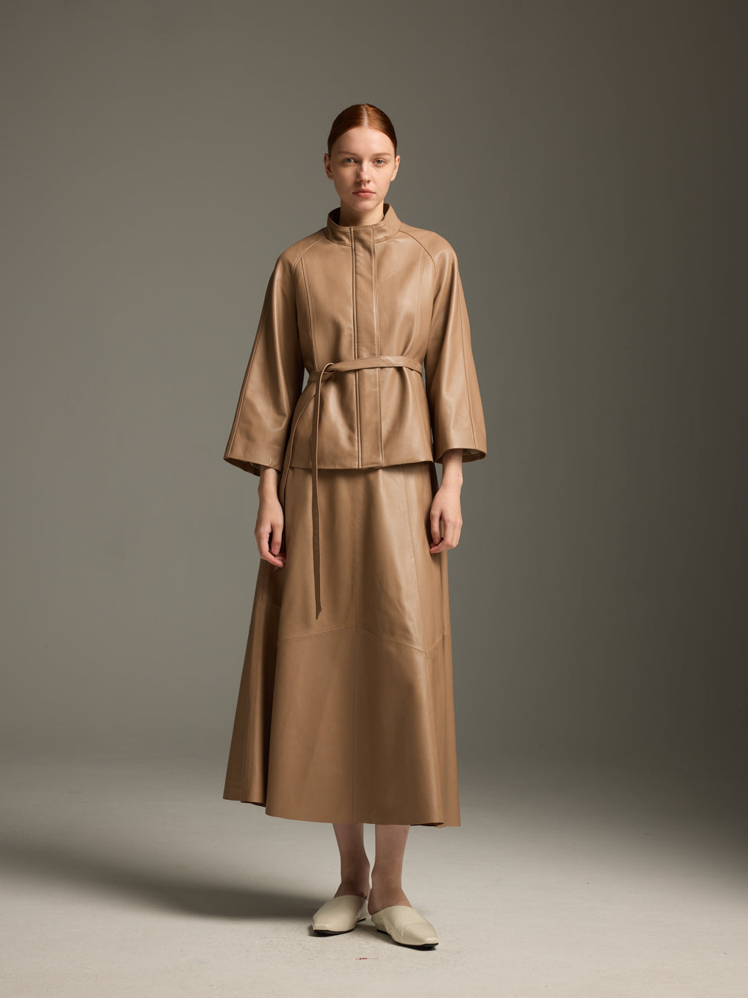 Sand Beige Lambskin Belted Jacket