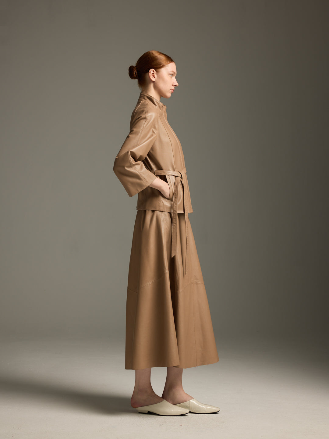 Sand Beige Lambskin Belted Jacket
