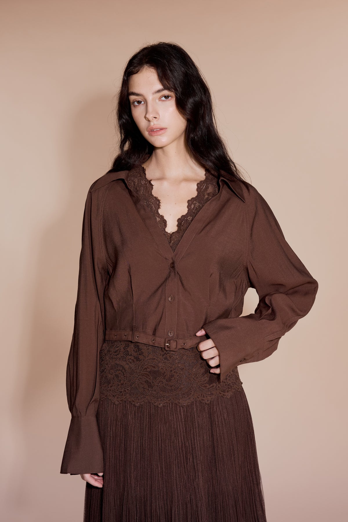 Blouse with Lace Vest in Brown