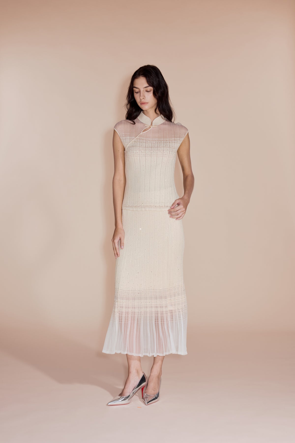 Diamond weave Oriental Top knit Cream set