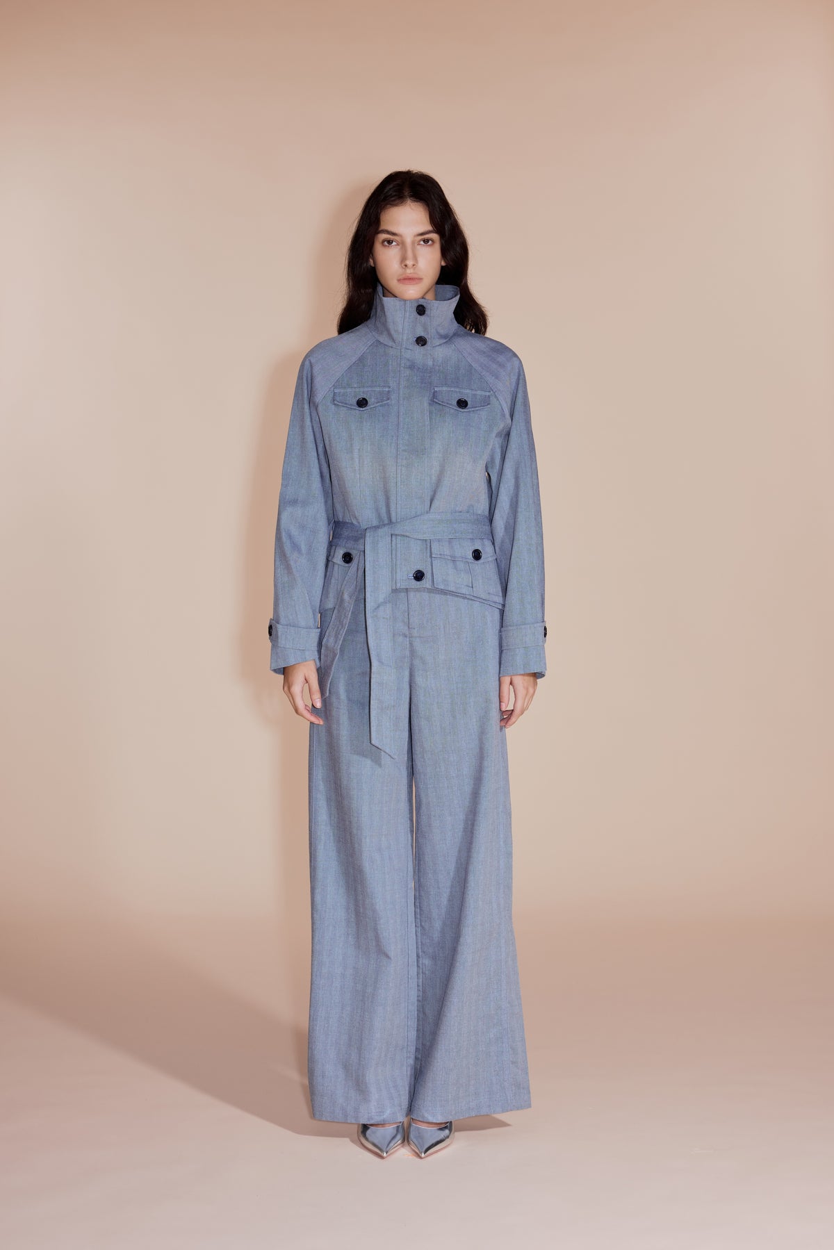 Stand Collar Utility Jacket and Wide-Leg Trousers Set Blue