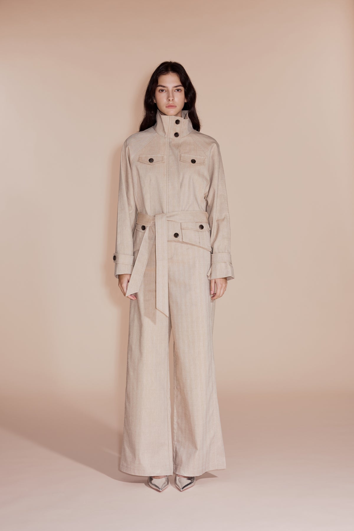 Stand Collar Utility Jacket and Wide-Leg Trousers Set Beige