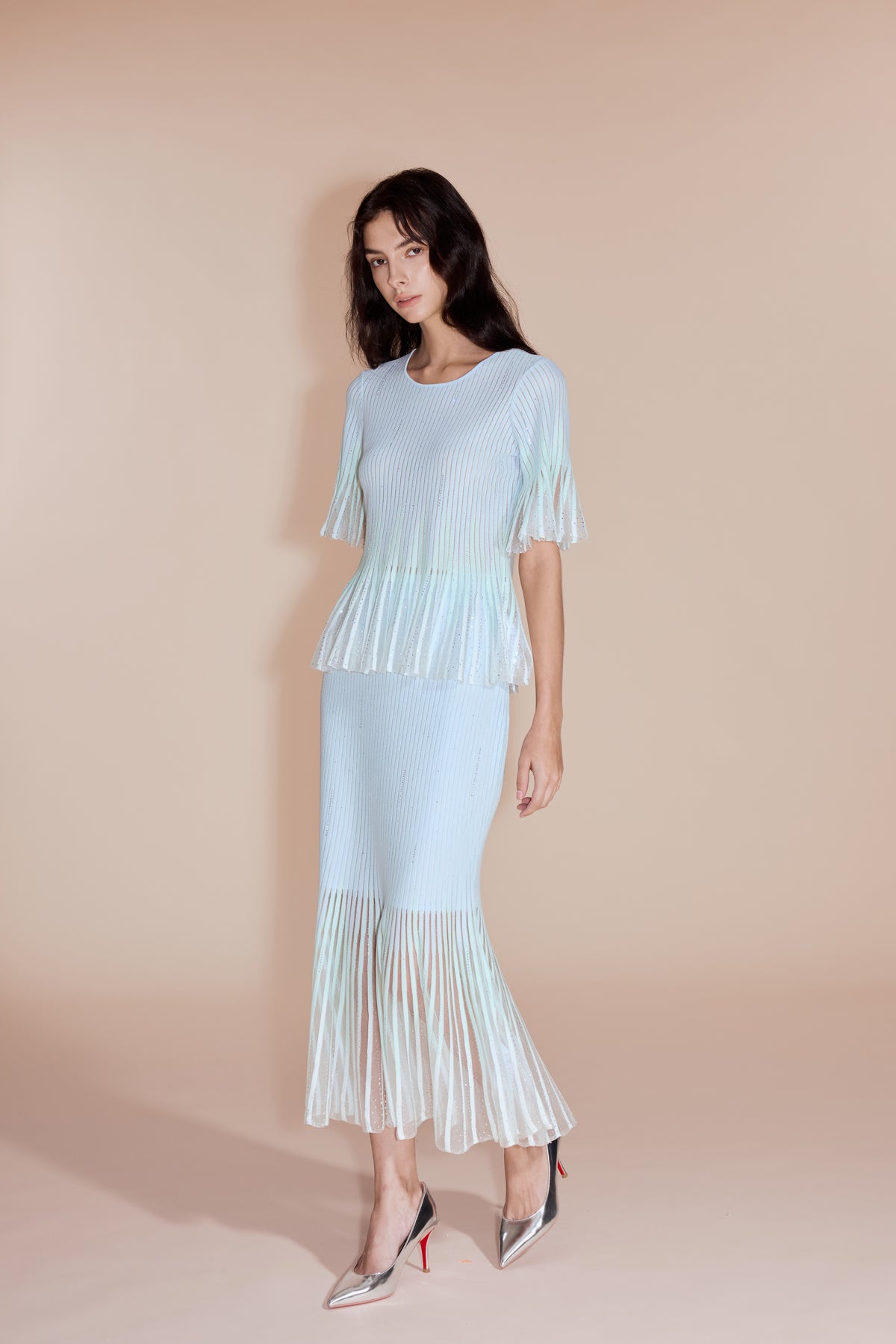 Mermaid V-Neck Short-sleeve Cardigan and Skirt Set
