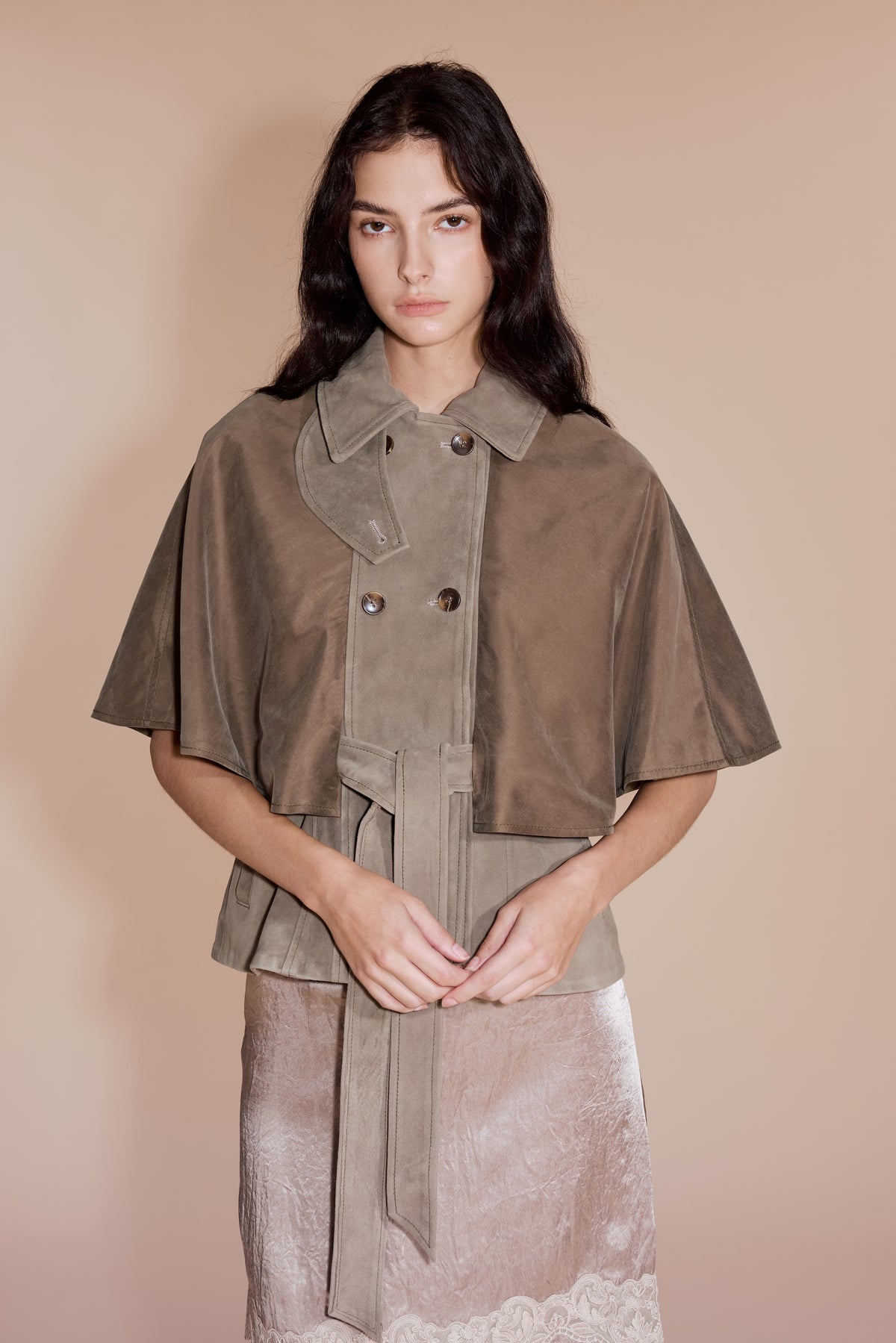 Belted Suede Cape Jacket