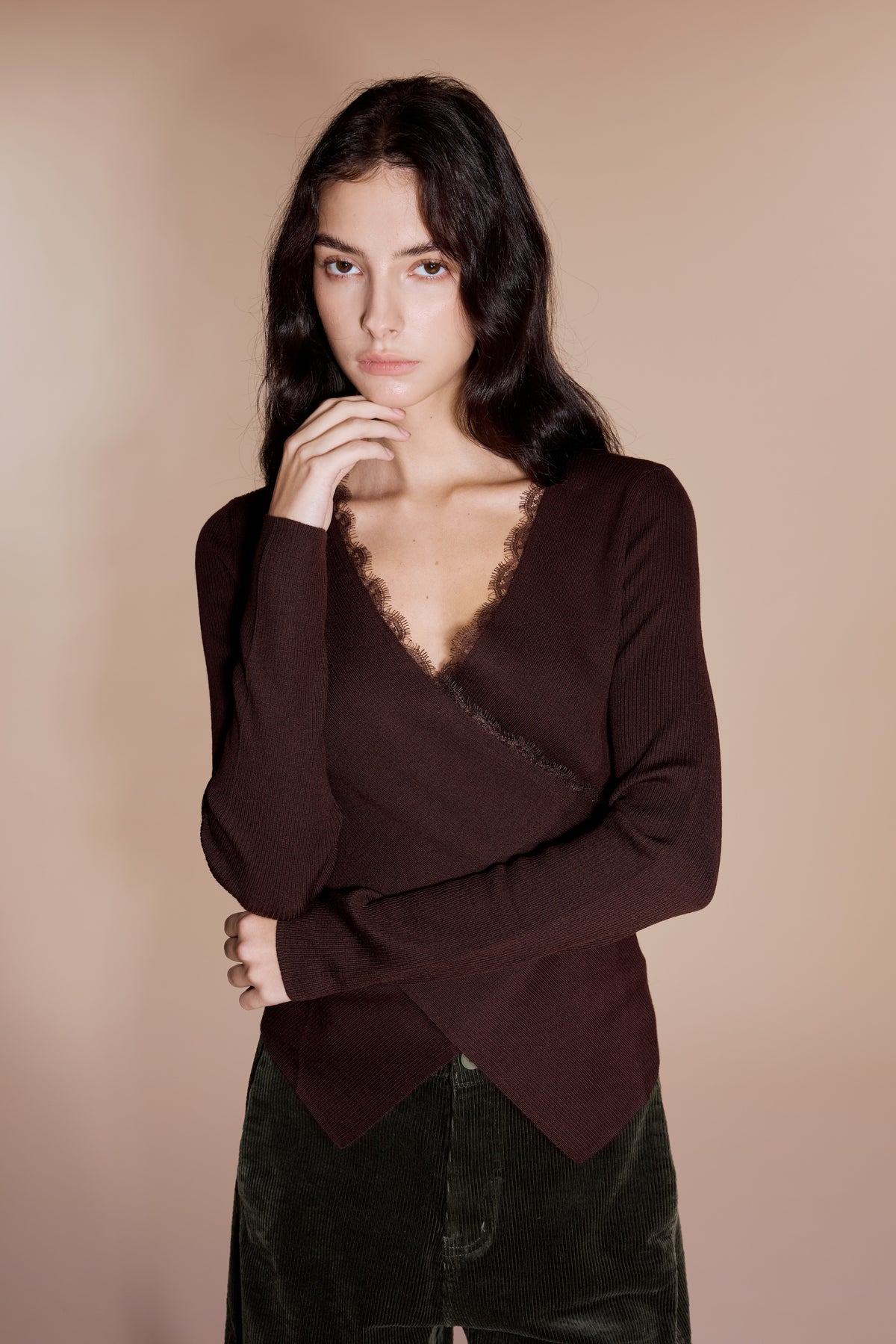 Brown v-neck lace trim top