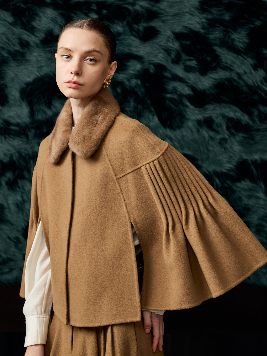 Mink fur cashmere cape khaki