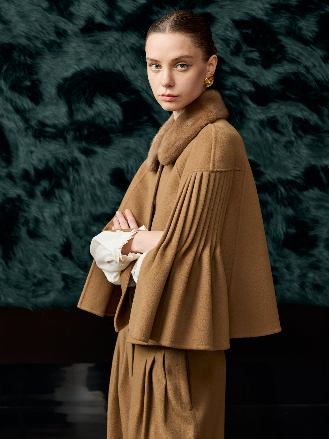Mink fur cashmere cape khaki