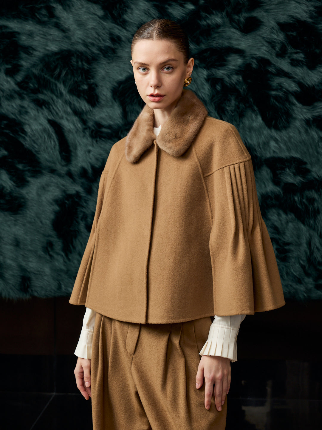 Mink fur cashmere cape khaki