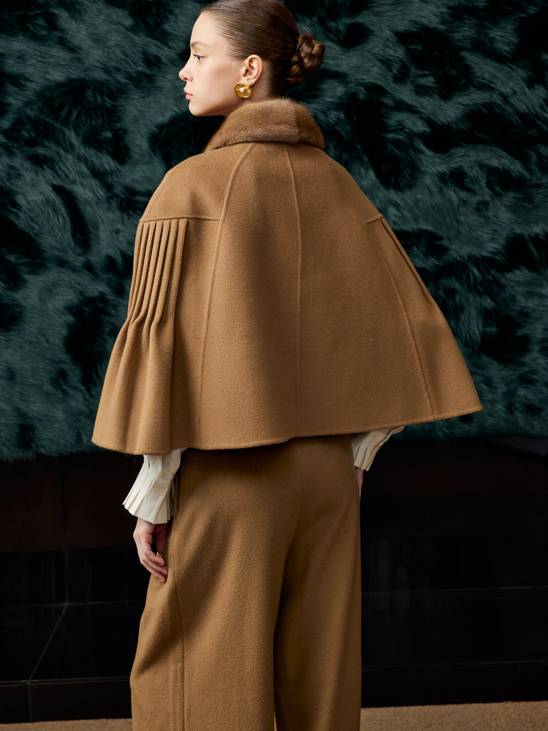 Mink fur cashmere cape khaki