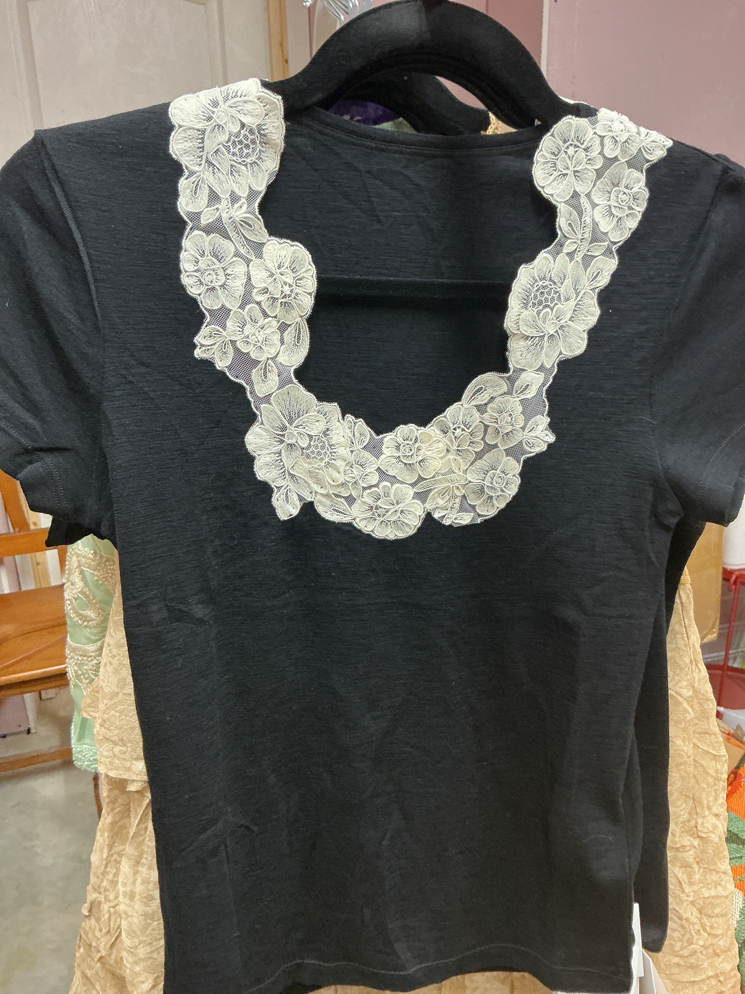 Lace Neck Black Tee