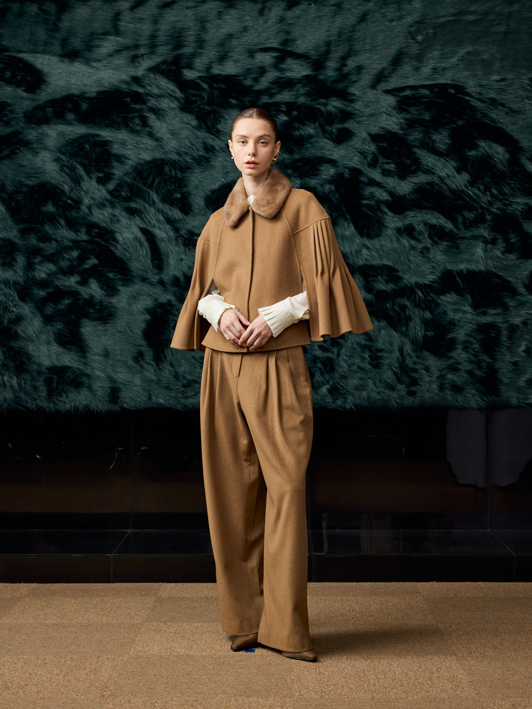 Mink fur cashmere cape khaki