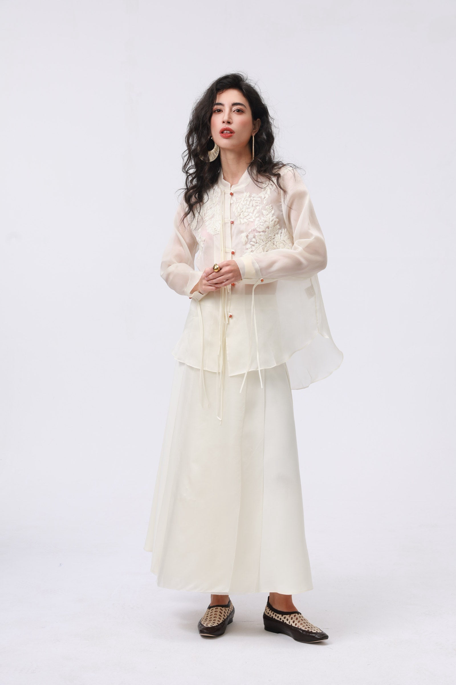 Beige Sheer Silk Embroidered Oriental Blouse