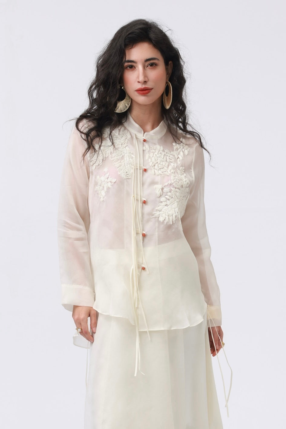 Beige Sheer Silk Embroidered Oriental Blouse