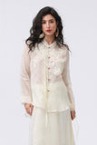 Beige Sheer Silk Embroidered Oriental Blouse