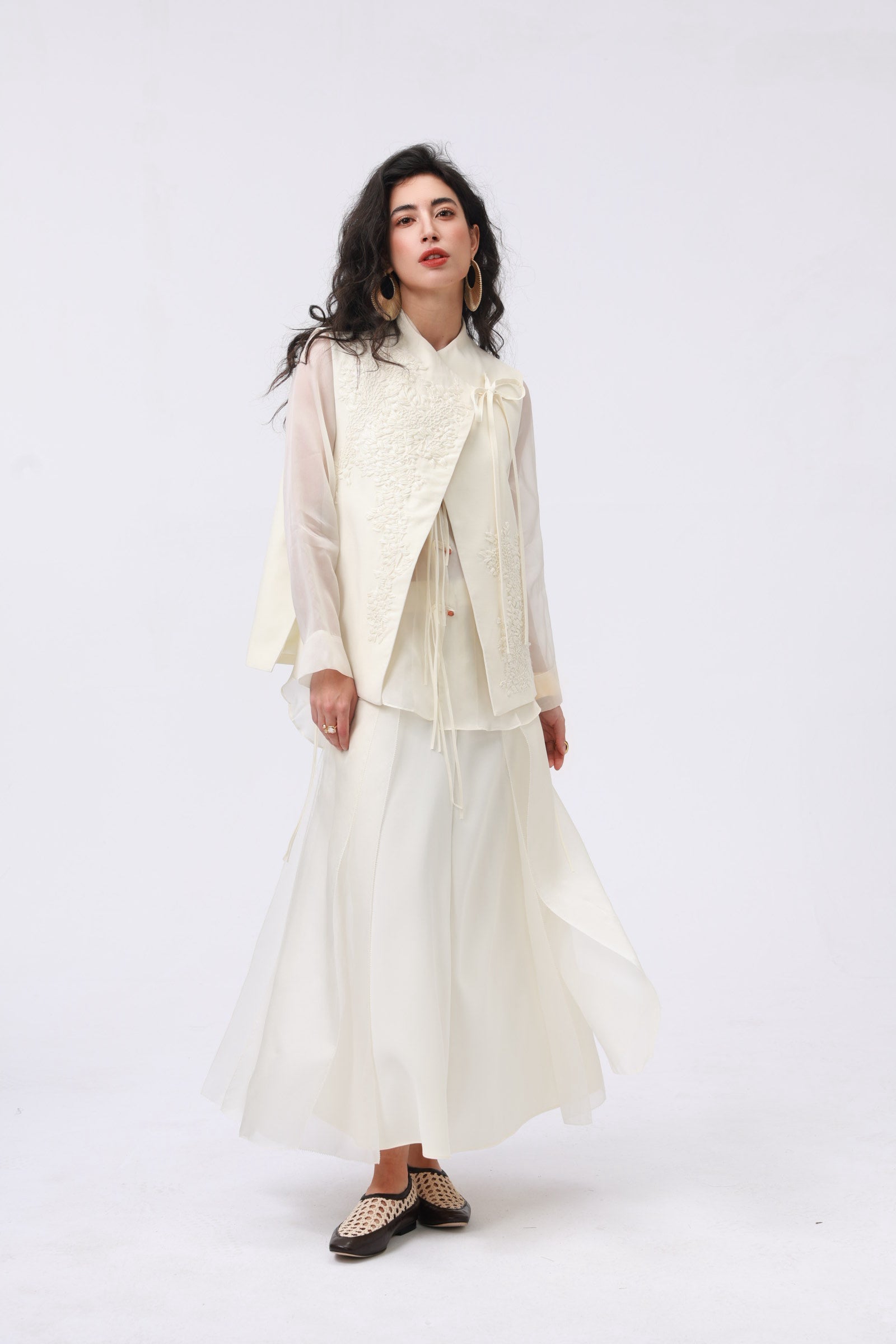 Beige Silk-Wool Embroidered Vest with Bow Tie