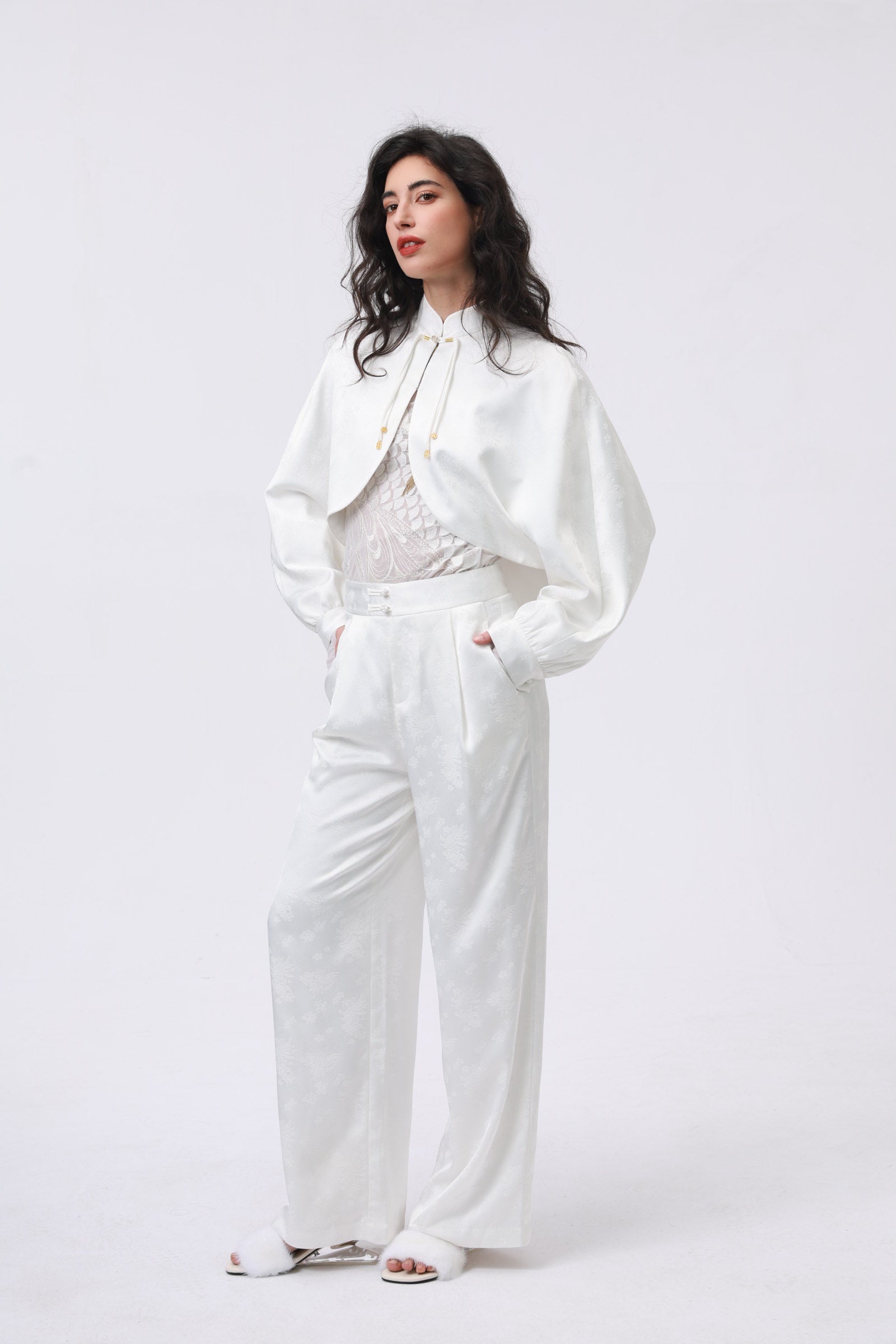 White Silk Blend Set with Oriental Button