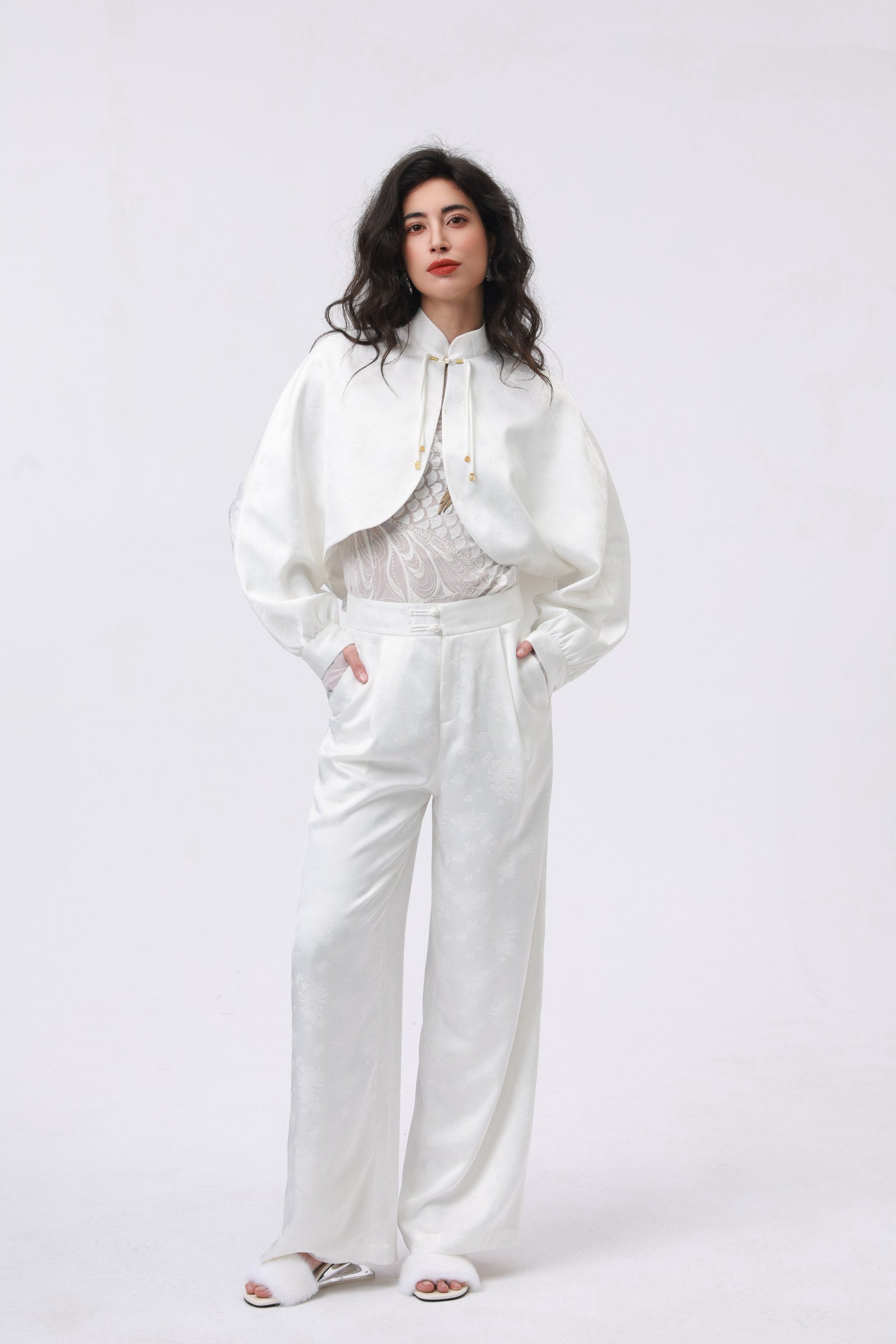 White Silk Blend Set with Oriental Button