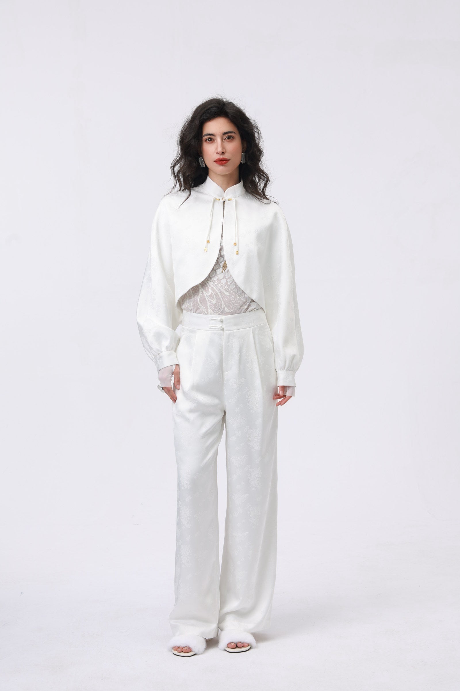 White Silk Blend Set with Oriental Button