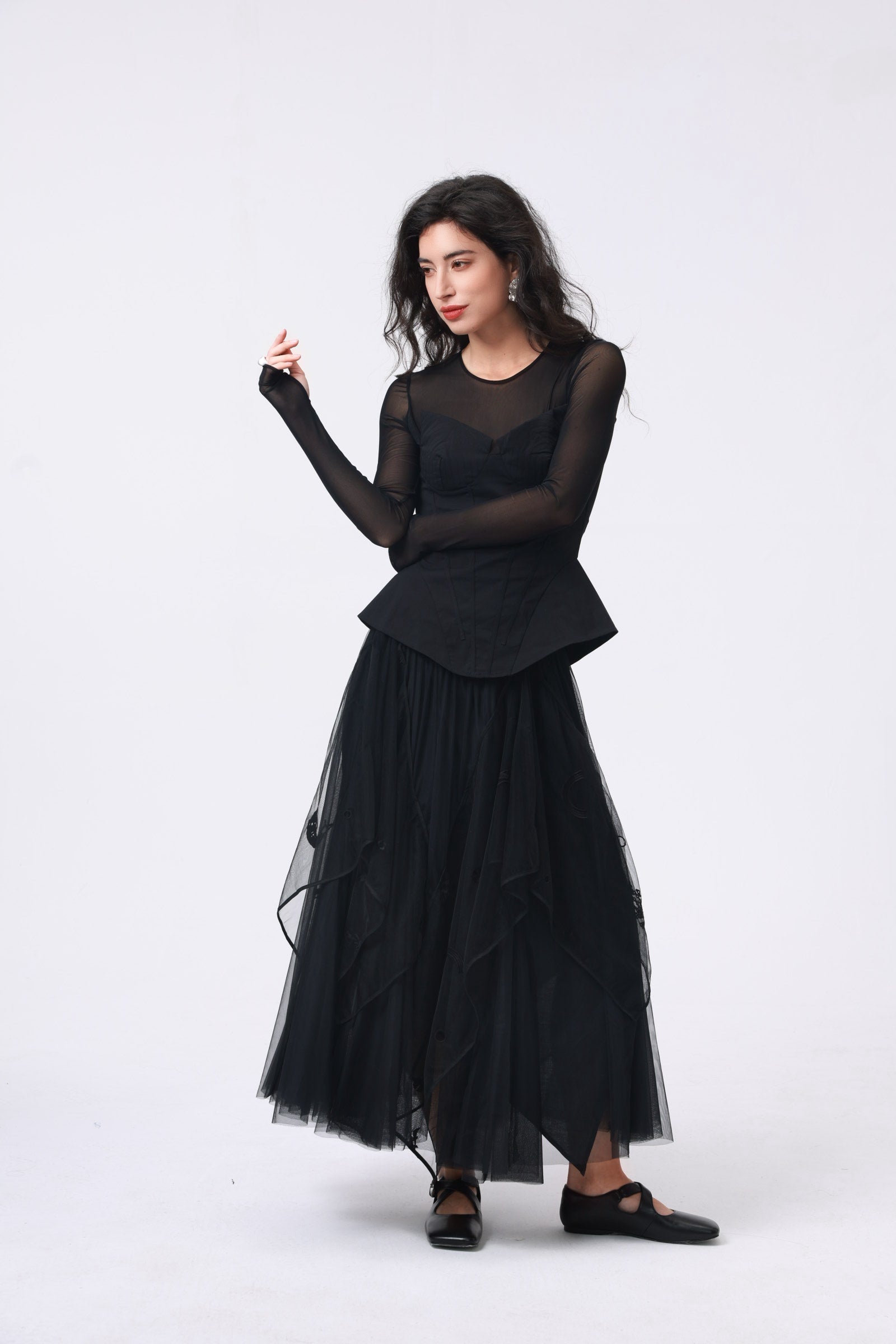 Black Embroidered Layered Tulle Skirt