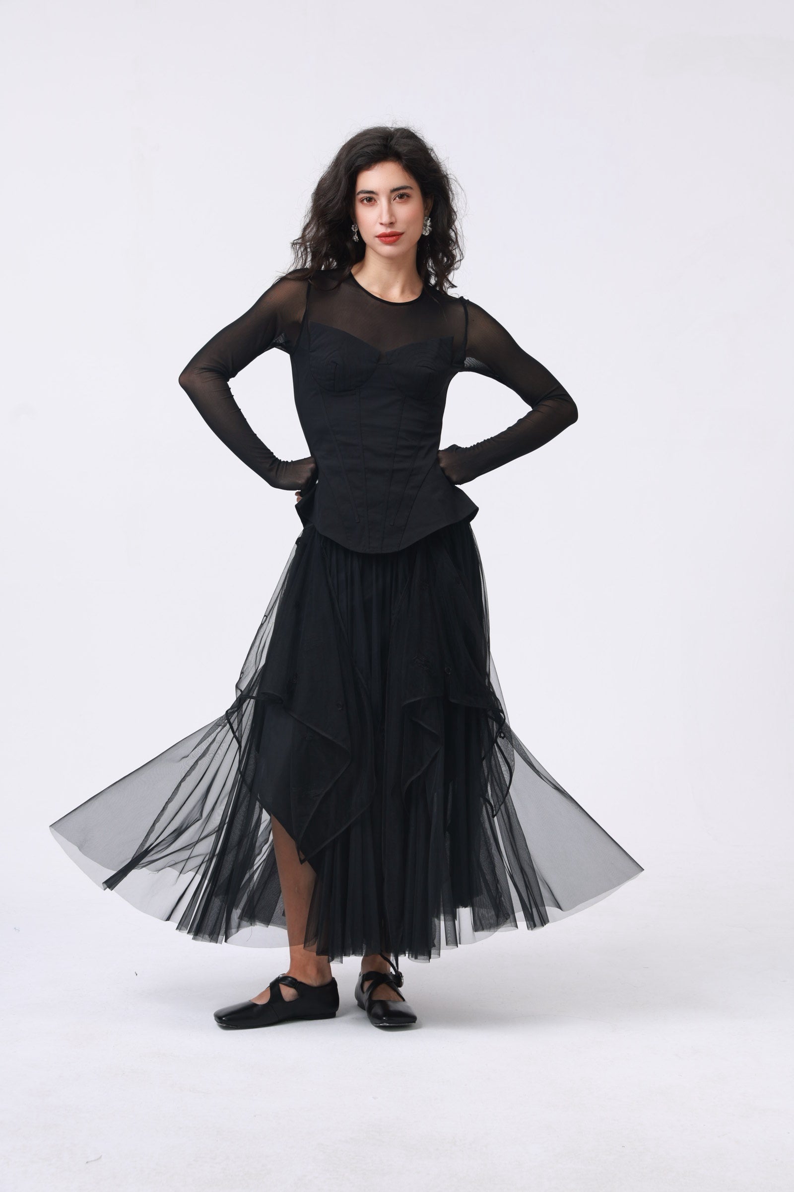 Black Embroidered Layered Tulle Skirt