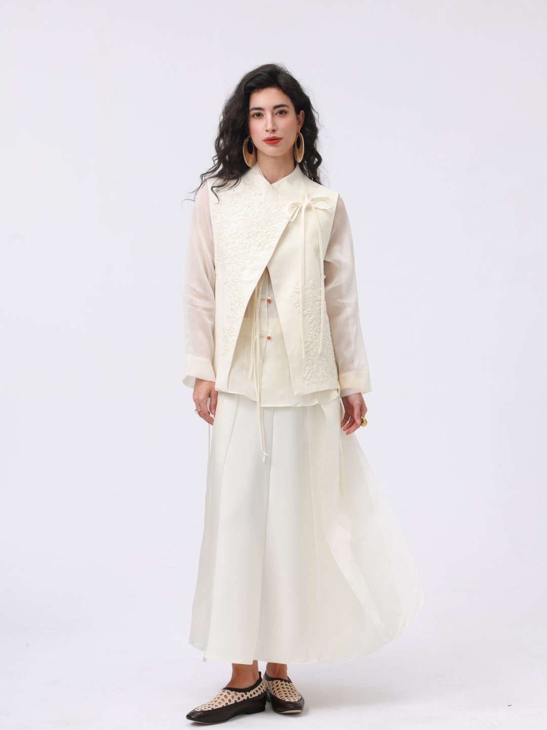 Cream Embroidered Vest with Bow Tie